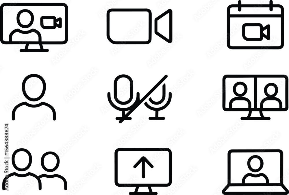 Fototapete online communication and video conferencing icons set outline style for remote collaboration and vir