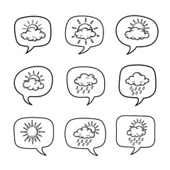 Hand-drawn weather icons in speech bubbles. Doodle style forecast symbols and chat bubbles.