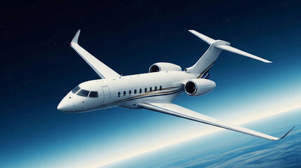 Obraz premium A sleek white private jet soars gracefully above the clouds in a deep blue sky. The aircraft represents luxury, speed, and high-end travel, perfect for business or elite personal aviation.