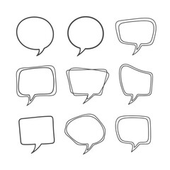Hand-drawn speech bubbles set. Doodle comic balloons in various shapes and outline styles for text, chat, and communication design.