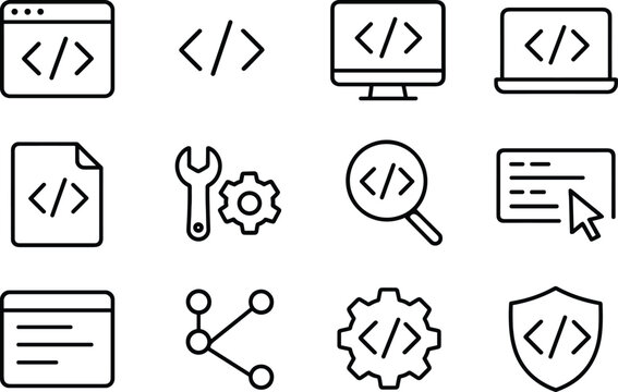 Code Development Icons Set Outline Style, Programming, Web Development, Software, and Application Development