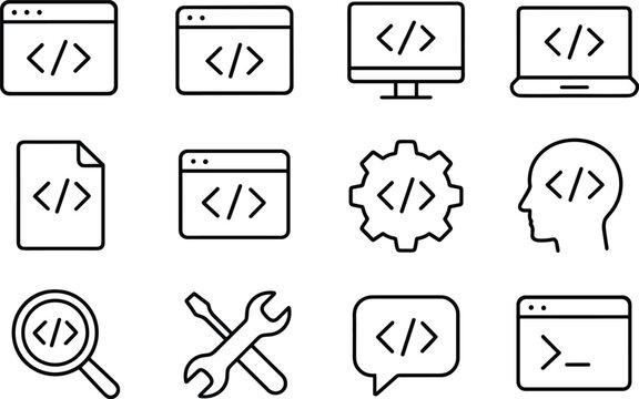 Code Development Icons Set Outline Style, Programming, Web Development, Software, and Application Development