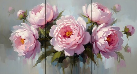 Elegant oil painting of pink peonies in bloom on light blue background