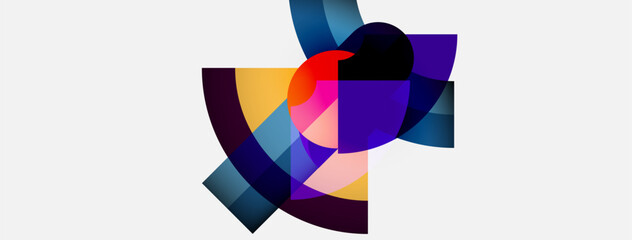 Fototapeta premium Abstract composition featuring overlapping colorful geometric shapes. Purple, blue, yellow hues dominate white background. Modern design.