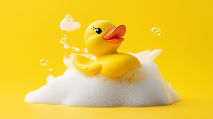Yellow Rubber Duck in a Bubbly Bath on Yellow Background