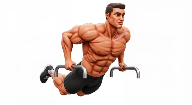 Muscular man performing parallel bar exercise