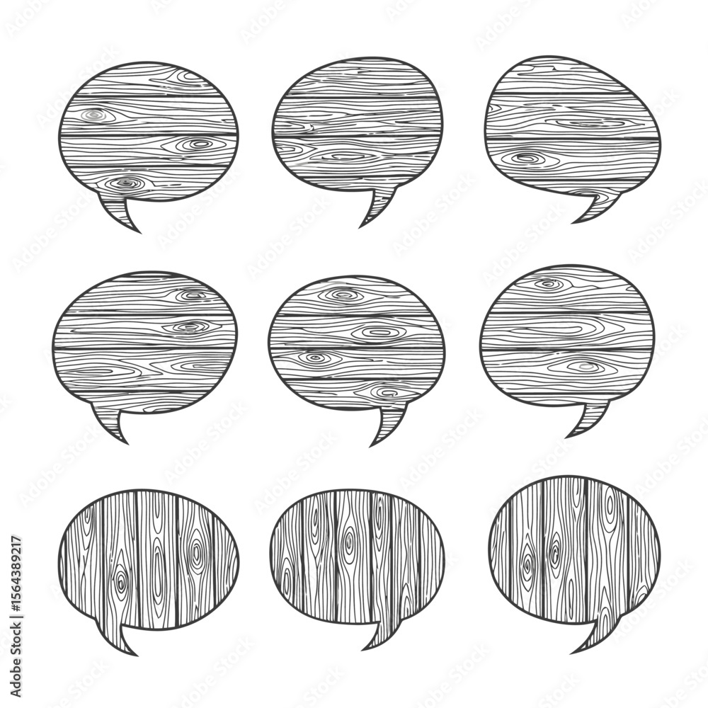 Poster rustic wood grain speech bubbles set. empty dialogue boxes for communication design. vector illustra