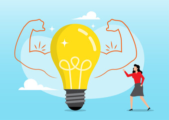 A large, glowing yellow light bulb with flexing muscular arms