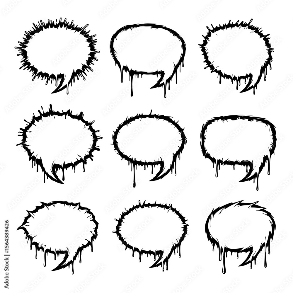 Poster grungy speech bubbles set with drips. distressed hand-drawn comic talk balloons with rough edges and
