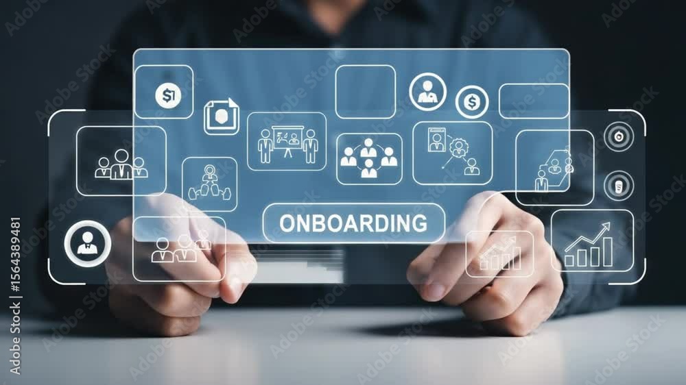 Poster person holding transparent screen with onboarding icons and graphs in dark setting view
