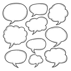Fototapeta premium Hand-drawn Speech Bubbles & Thought Clouds Set. Doodle Comic Balloons for Dialogue, Chat, and Communication Design Elements.