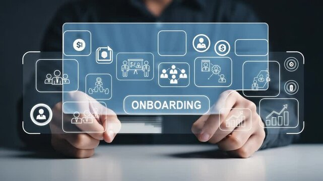 Person holding transparent screen with onboarding icons and graphs in dark setting view