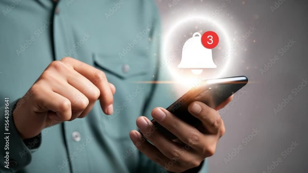 Poster person tapping on a smartphone with a notification bell and number above it showing messages