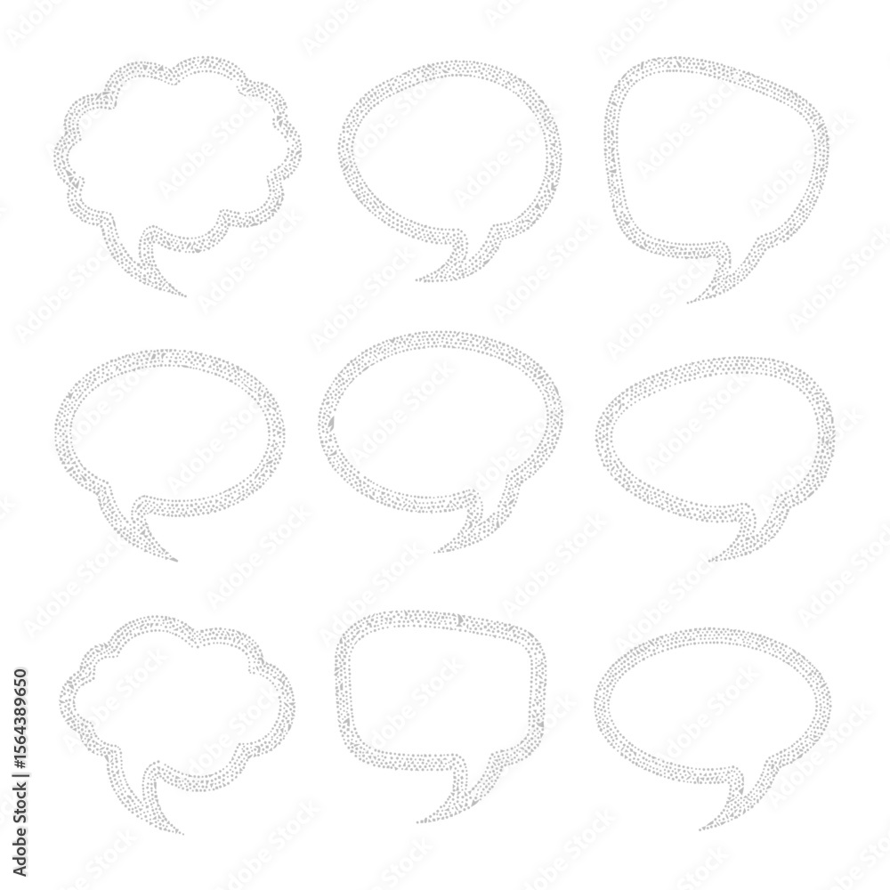 Poster set of nine textured white speech bubbles with various shapes, isolated on a white background for te