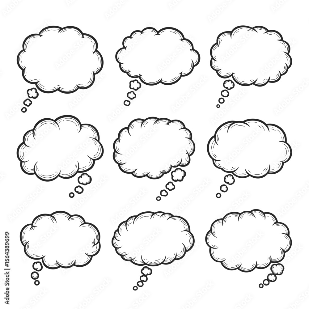 Poster hand-drawn comic style thought and speech bubbles set. empty white communication clouds with shading