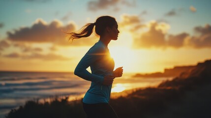Woman Jogging on Coastal Path at Sunset
