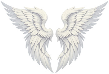 Obraz premium A pair of ethereal and graceful white angel wings with soft, detailed feathers, a beautiful and pure symbol of heaven, spirituality, protection, and freedom. 