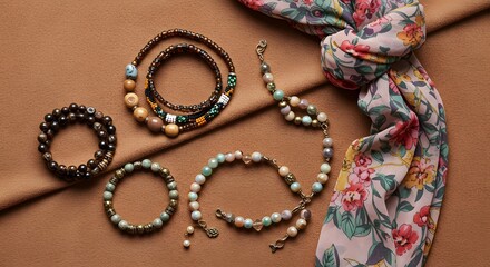 Overhead shot of an elegant collection of bracelets, necklaces, and a floral scarf, thoughtfully arranged on a luxurious tan fabric.