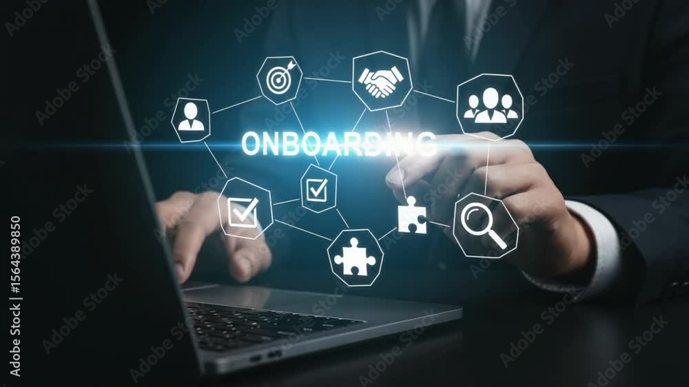 Poster onboarding concept with icons displayed above a person using a laptop in a dark environment