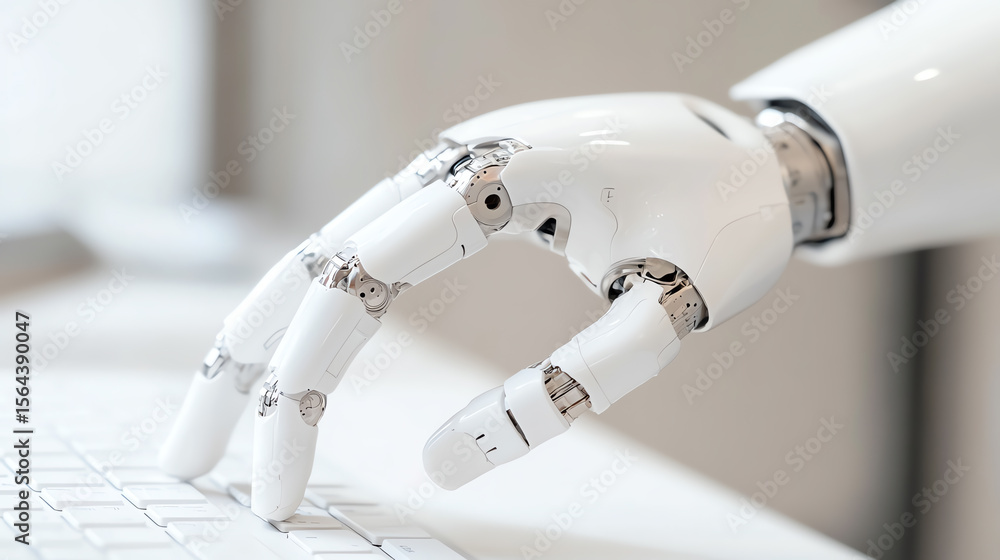 Poster Close-up of a robotic hand interacting with a keyboard, showcasing advanced robotics and automation in modern technology.