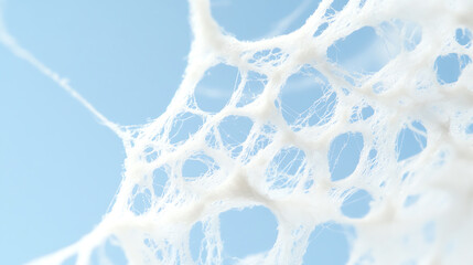 Close-up of a delicate and intricate web structure against a soft blue background, showcasing nature's artistry in detail.