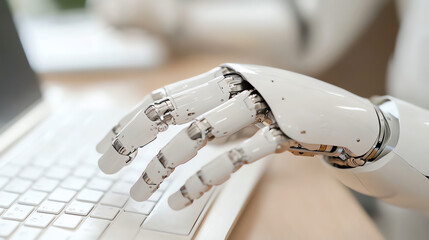Close-up of a robotic hand interacting with a laptop, symbolizing advancements in artificial intelligence and automation.