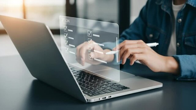 Person completing online survey on laptop with digital checklist and pen in hand on dark surface