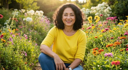 Woman smiles in vibrant flower garden