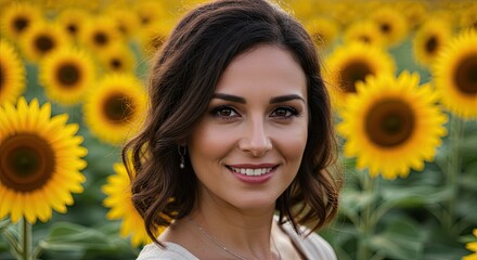 Woman smiling in sunflower field