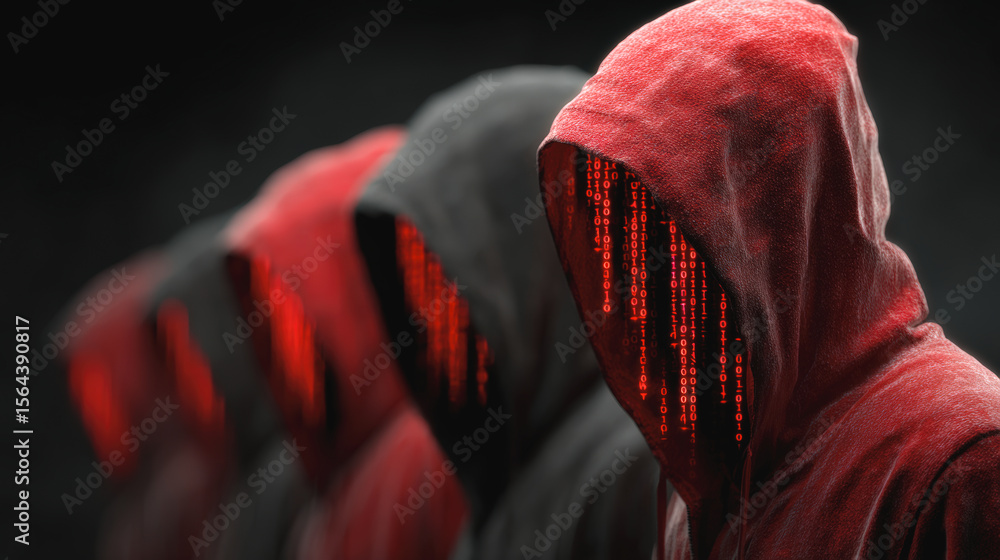 Poster three hooded figures with digital red code on their faces stand against a dark background, evoking t