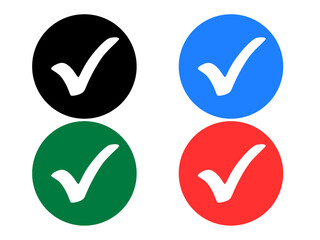 Colorful Checkmark Icon Set: White Ticks on Blue, Green, Red Circles & Black Background for Success and Approval