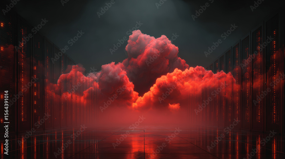 Poster dark futuristic corridor with glowing red clouds and reflective surfaces, creating a mysterious and 