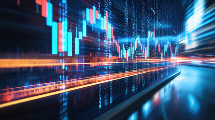 Dynamic financial data visualization with vibrant stock market trends and glowing lines representing energy and finance