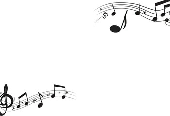 Elegant music-themed background with flowing musical notes and staves in the corners, a perfect frame design with copy space for invitations, posters, or flyers.
