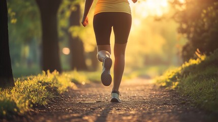 Woman Jogging on Park Trail at Sunrise