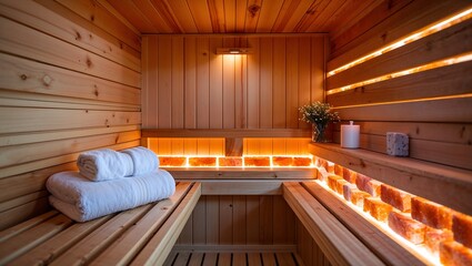 Infrared sauna cedar wood interior, towel folded on bench, eucalyptus scent diffuser, soft glow from Himalayan salt bricks.