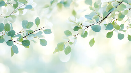 Obraz premium Delicate green leaves softly illuminated, creating a serene and peaceful atmosphere, perfect for nature-inspired themes.