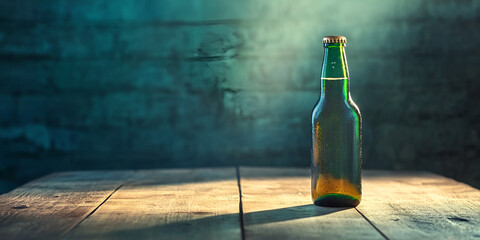 Green Glass Bottle on Wooden Table with Dramatic Lighting