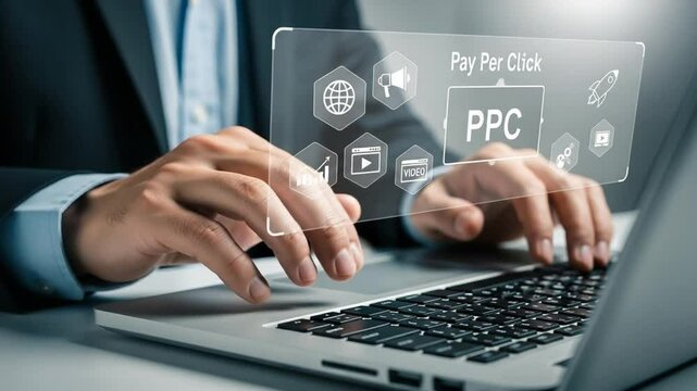 Man using laptop with pay per click interface overlay and digital marketing icon elements shown