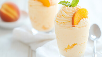 Fototapeta premium Delicious and creamy peach mousse topped with fresh peach slices and mint leaves, perfect for dessert lovers and summer gatherings.