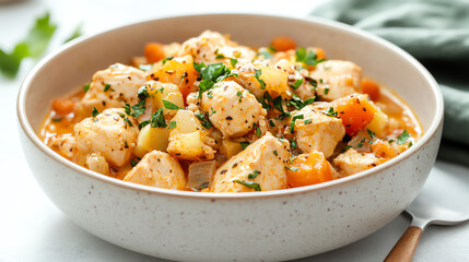 Delicious and hearty chicken stew with vegetables, garnished with fresh herbs, served in a rustic bowl, perfect for meal preparation.