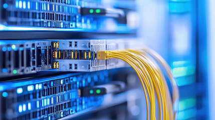 High tech server room with fiber optic cables connected to network switches, showcasing advanced data transmission technology