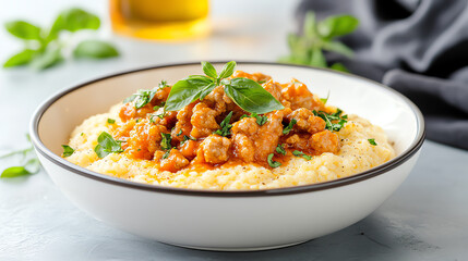 Delicious bowl of creamy polenta topped with savory meat sauce and fresh herbs, ideal for comforting meals or culinary presentations.