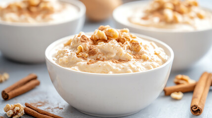 Delicious bowls of creamy dessert topped with nuts and cinnamon, perfect for satisfying sweet cravings.