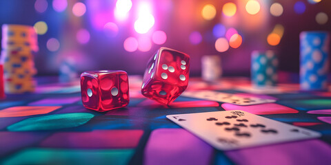 Colorful Dice and Playing Cards on Casino Table with Lights 