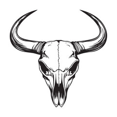 Black and white illustration of a bull skull with large horns. Vector illustration 
