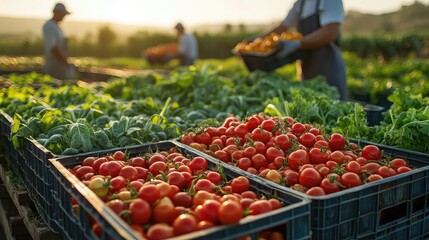 Harvesting packing fresh vegetables, workers organizing produce into crates, clean field operation showing rural supply chain, efficiency during peak agricultural cycle