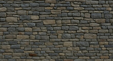 A detailed close-up of a rustic stone wall texture, featuring irregularly shaped grey and brown rocks meticulously arranged in a classic masonry pattern background.