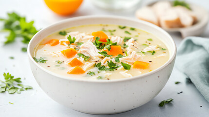 Delicious chicken soup in a white bowl with herbs, carrots, and a touch of lemon, perfect for comfort and nourishment.