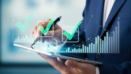 Businessman using tablet with check marks and graph overlay for data analysis and approval process - Powered by Adobe